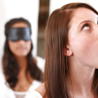 Shae Snow guides a blindfolded Chloe Amour while she sucks cock