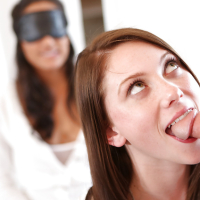 Shae Snow guides a blindfolded Chloe Amour while she sucks cock