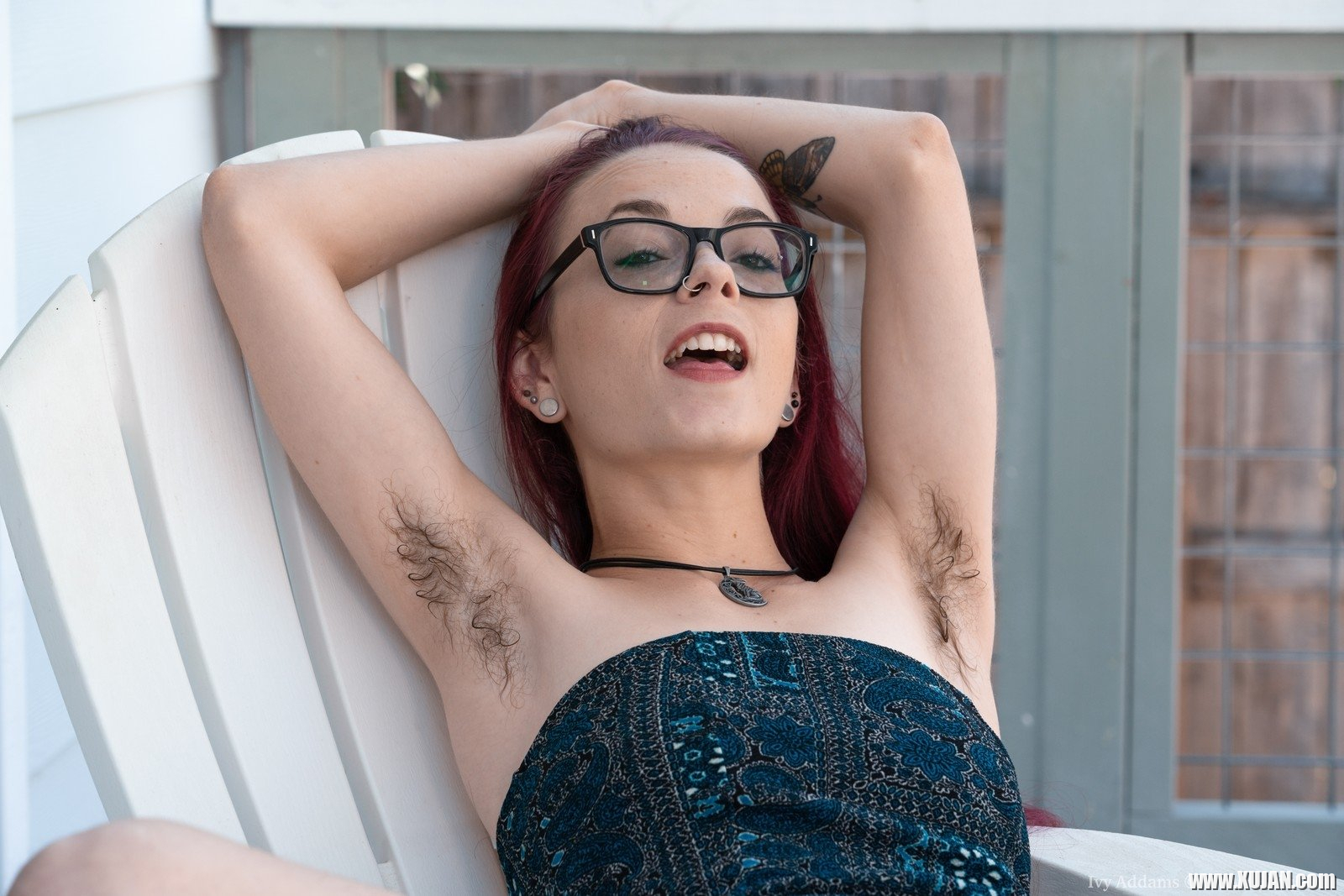 Ivy Addams is outdoors in her white chair barefoot She starts to tug on her hairy pussy and feels horny She strips naked in the sun and spreads her legs to show off her very hairy bush and all - Photo #2072753