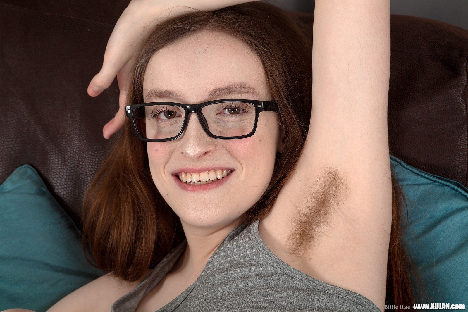 Billie Rae is wearing all grey today as she shows off her glasses and hairy pits She relaxes on her sofa and strips nude She spreads her legs and shows off her hairy bush and hairy body - Photo #2103895