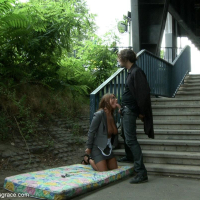 Busty MILF gets tied and fucked outdoor in public