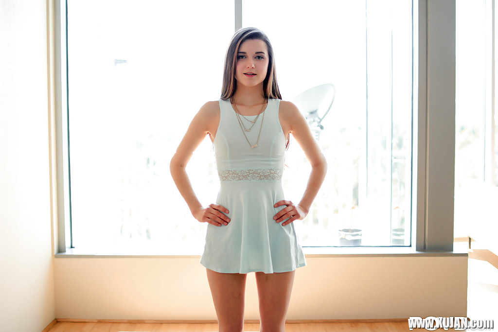 Young girl Alex Mae posing in short white dress before stripping for anal - Photo #2173801