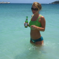 Kari Sweets in Puerto Rico enjoing some beer in a bikini