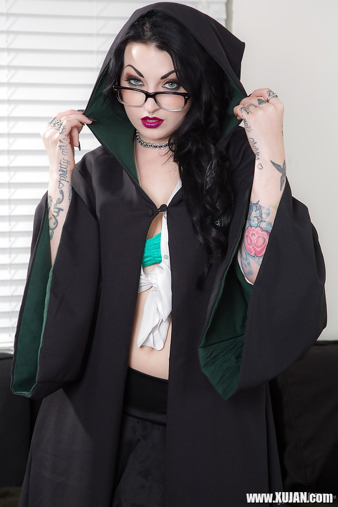 Tattooed goth chick strutting solo in pleated skirt and over the knee socks - Photo #2177493