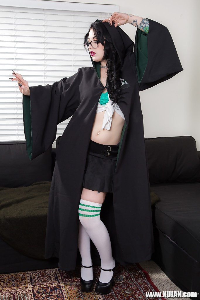 Tattooed goth chick strutting solo in pleated skirt and over the knee socks - Photo #2177494