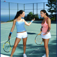 Three stunning sports babes pleasing one cock on a tennis court