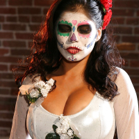 Stunning latina in cosplay outfit Alexis Amore revealing her goods