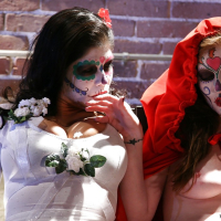 Cosplaying makes Latina Alexis Amore and pornstar Nikki Rhodes horny