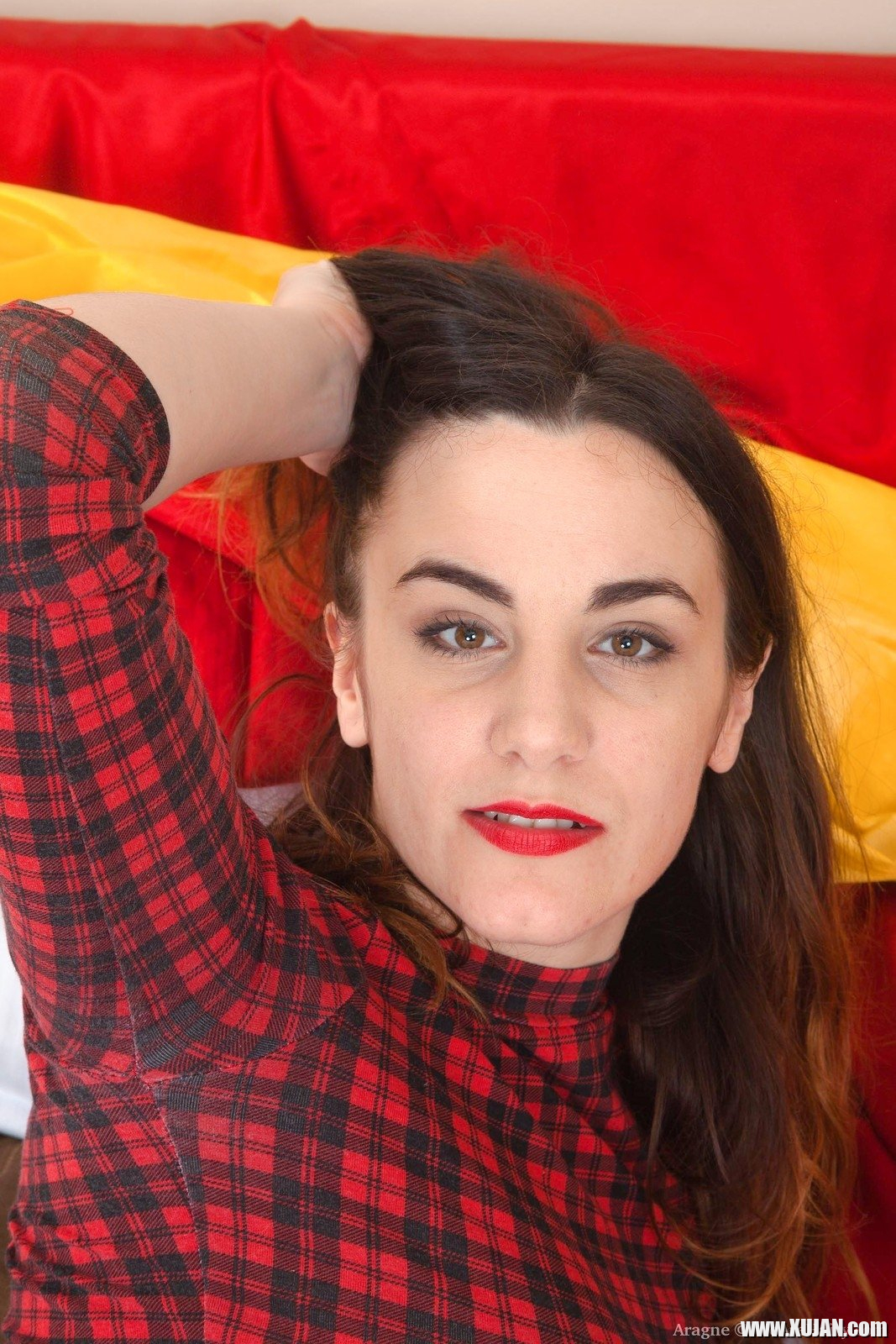 Aragne is having fun in bed in her plaid top and red tights She undresses and rolls around in bed flaunting her hairy body She has very hairy pits an full hairy pussy and hairy legs too - Photo #2286300