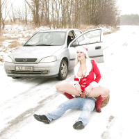 Blonde MILF in christmas outfit Jane Darling gets slammed outdoor