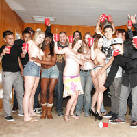 Slutty girls having fun at the drunk party with lascivious guys