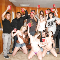 Slutty girls having fun at the drunk party with lascivious guys