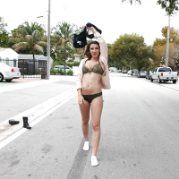 Latina babe Sophia Grace strips in public and flashes tits on street