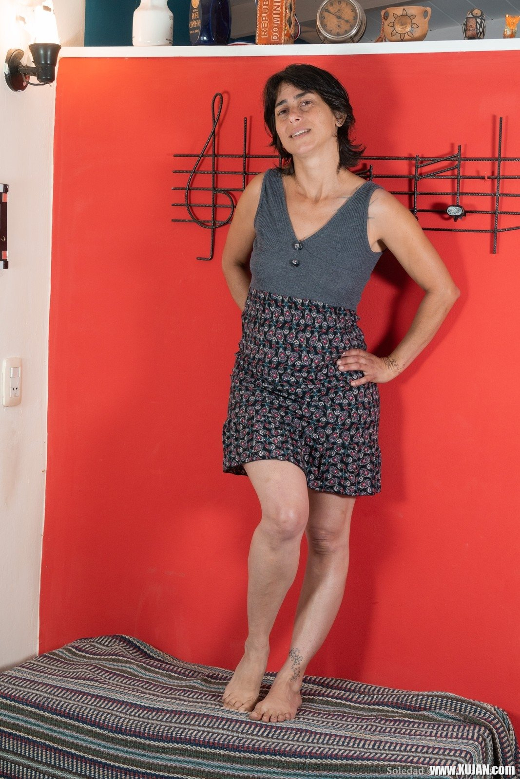 Soledad is enjoying her bench as she stands on top of it in her grey dress She starts undressing and shows off her naturally hairy body She crawls across it with her hairy pussy and sexy figure - Photo #2476201