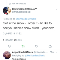 Mistress orders Angel 2 piss in the snow