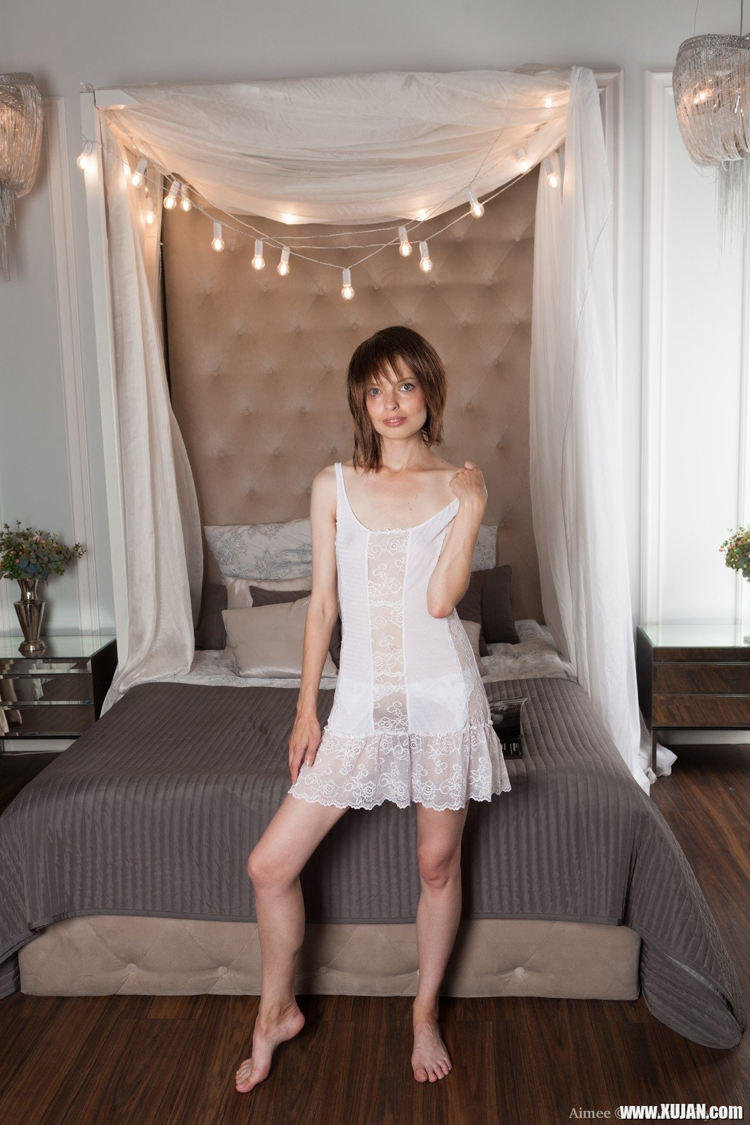 Aimee stands in front of her bed wearing her white dress and panties She strips them off and climbs into her bed She spreads her legs to stroke her hairy pussy and then strokes her hairy pits too - Photo #2510667