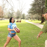 Cute Jackie Daniels rides her biggest cock ever