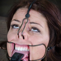 Mia Gold is bound in metal with leather mask and clamps