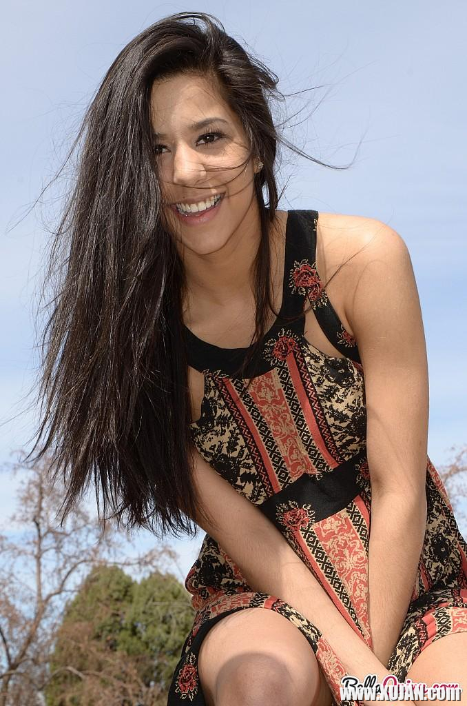 Brunette teen Bella teases in her dress on the steps - Photo #2553226