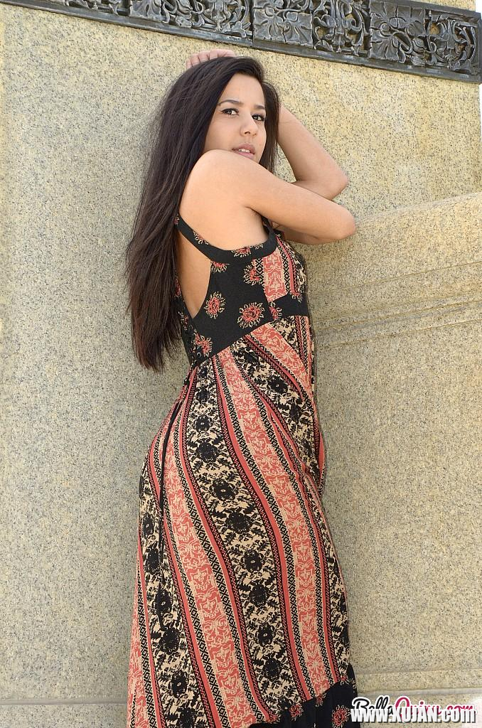 Brunette teen Bella teases in her dress on the steps - Photo #2553227