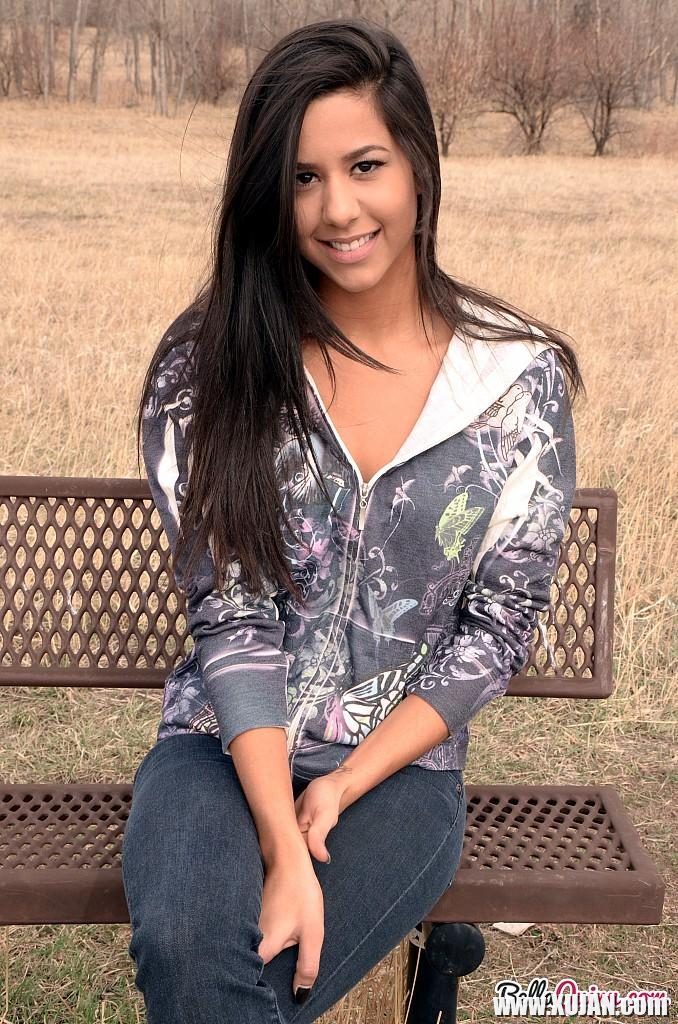 Brunette teen Bella Quinn teases on the bench outside - Photo #2553279