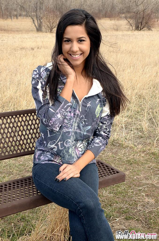 Brunette teen Bella Quinn teases on the bench outside - Photo #2553280