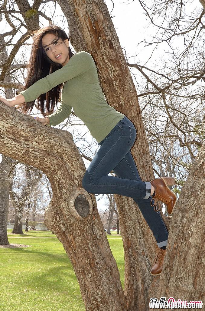 Brunette teen Bella Quinn teases and poses in the tree - Photo #2553298