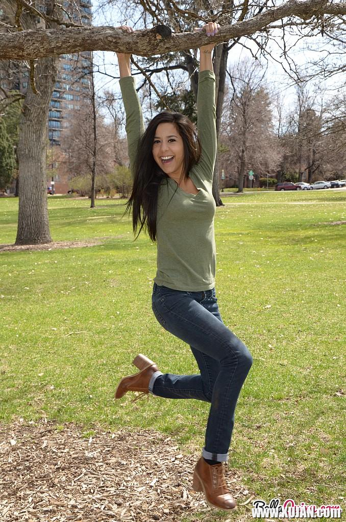 Brunette teen Bella Quinn teases and poses in the tree - Photo #2553301