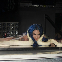 Jenevieve Hexxx poses with snakes as a dancer and at the ED awards