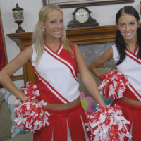 Hot cheerleaders Stephanie Cane and Ashley Jensen share a big cock