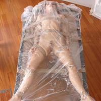 Leyla Black bound in plastic gets mouth and asshole cock fucked