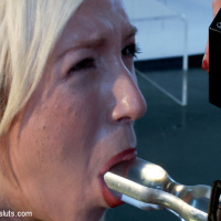 Maia Davis is electro straponed in bondage by lezdom Aiden Starr