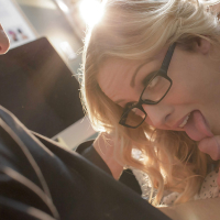 Blonde office worker Karla Kush taking cumshot on face after giving blowjob