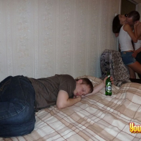 Two russian teens fuck and suck a lucky guy in bed