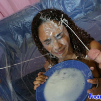 Ebony babe sucking big dicks until she gets a cumbath