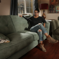 Nerdy Dana Vespoli strips off her study clothes and poses on her couch