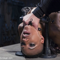 Nikki Darling ebony babe is bound in straight jacket and toyed by male dominant
