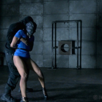 Nikki Darling masked in leather strap bondage and fucked by big black cock
