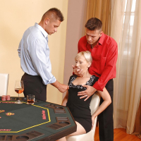 Mature Samantha White presents blowjobs for two BDSM addicted guys
