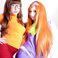 Cosplay fetish models Harmony Reigns and Elouise Please toy shaved twats