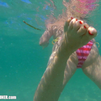 Bikini Big Tits Topless at the Beach Sexy feet swimming in the