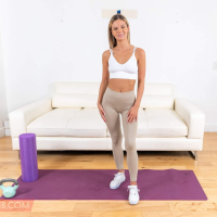 Young blonde babe Lacy Tate strips during intense workout session