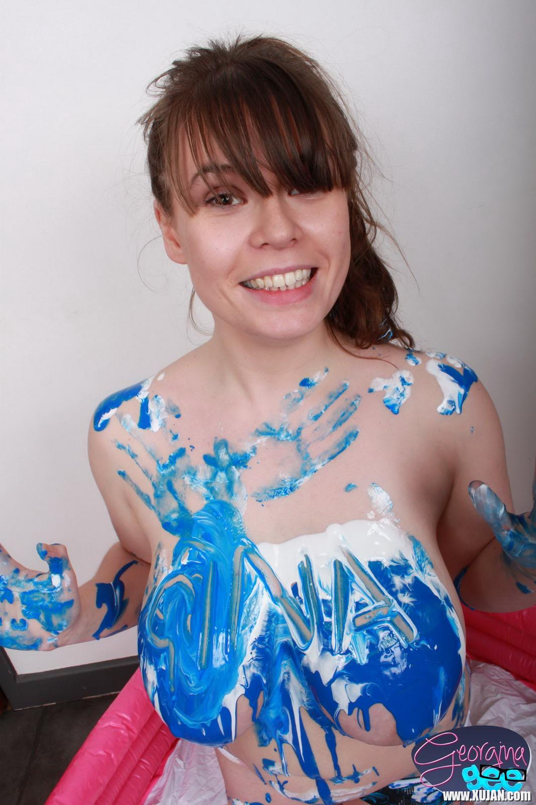 Hot curvy girl Georgina Gee gets her huge tits messy with blue paint - Photo #3034451