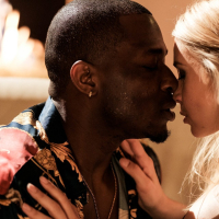 Busty blonde hottie Sarah Vandella in blue dress fucks a black dude