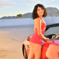 Beautiful young babe Satine Summers shows sexy figure in tight pink dress