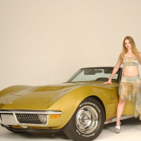 Sexy Babe Sunny Lane posing next to a classic Car