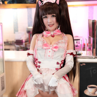 Hot cosplay girl Ria Kurumi strips flahing her shaved cunt