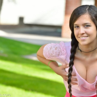 Cute Caroline Ray shows her hairy Pussy in Public