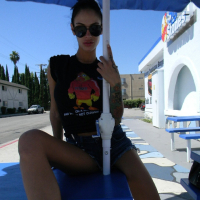 Hot latin babe Angelina Valentine posing in tiny denom shorts outdoors