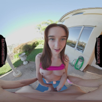 Naughty brunette Melanie Marie gets her pussy stretched during VR yoga